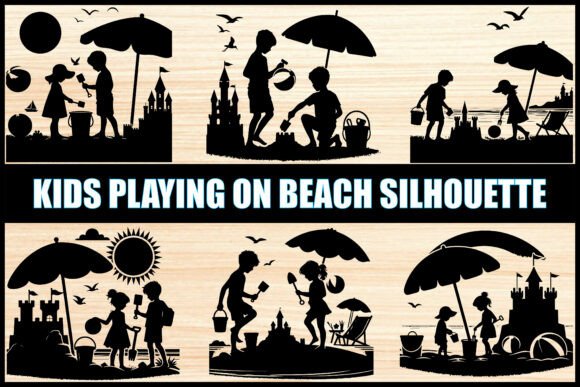 Download Kids Beach Play Silhouette Vector Set - Set Collection
