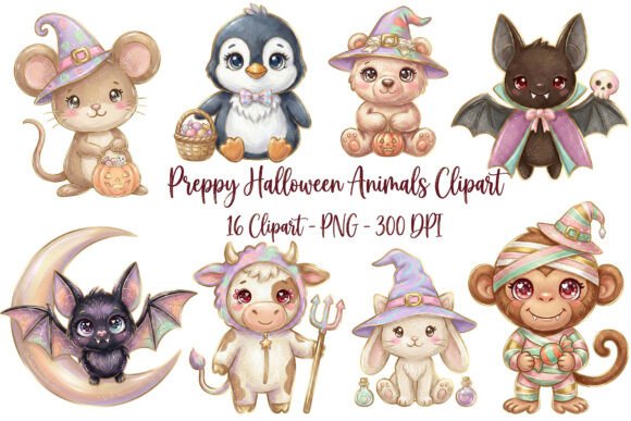 Download Preppy Halloween Animals Clipart PNG Set - Set Collection