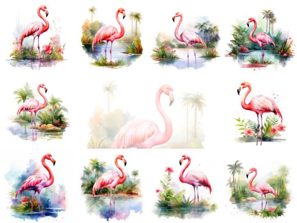 Download Flamingo Watercolor Clipart Images Set - Set Collection