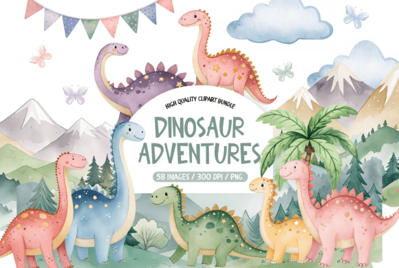 Download Watercolor Cute Dinosaur Clipart Set - Set Collection